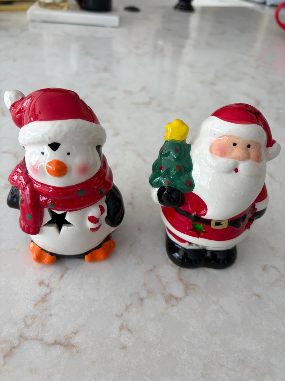 Festive Ceramic light up Santa and Snowman Figurine Set